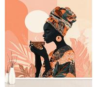 Générique Papier Peint Adhésif Ethnique Fille Noire Bohême, Femme Africaine Murale 256 x 350 cm, Feuilles Plante Stickers Muraux pour Salon Chambre Salle de Bain Autocollant Murale Décoration