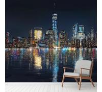 Générique Papier Peint Adhésif Ville City New York Nocturne, Paysage Urbain Rivière Murale 256 x 350 cm, Architecture Stickers Muraux pour Salon Chambre Salle de Bain Autocollant Murale Décoration