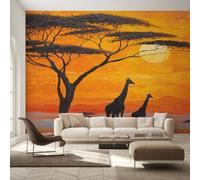 Générique Papier Peint Afrique Papier Peint Panoramique Girafe Peinture à l'Huile Coucher de Soleil Papiers Peints Intissé Fresque Murale, Decoration Chambre Salon Wallpaper, 250 x 175 cm C&-IO