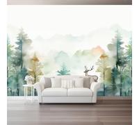 Générique Papier Peint Aquarelle Forêt Animaux Cerf De 250 x 175 cm（WxH, Tapisserie Murale Autocollante Motif - Papiers Peints Mural Plante Pour Chambre Salon Meuble Blanc
