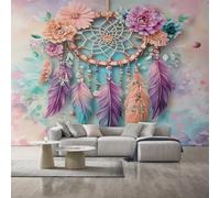 Générique Papier Peint Attrape-Rêves 450X260cm, Papier Peint Intissé Plumes Fleurs Coloré Salon Chambre Panoramique Decoration, Fresque Murale Décoration Murale D33
