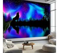Générique Papier Peint Aurore Boréale Dans Le Ciel Nocturne Animal Loups, Peinture Murale Intissé Style Artistique Mural Poster Salon Chambre Mur de fond Chambre des Enfants Bureau, 200 x 140 cm