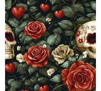 Générique Papier Peint Auto-adhésif Gothique 30CM×12M Vintage Crâne De Fleur De Rose Rouge Autocollant Amovible PVC Vinyle Film Imperméable Meuble Decoratif Salon Salle de Bain Chambre Armoire