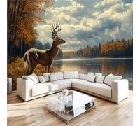 Générique Papier Peint Automne Bord De Lac Cerf De Forêt 3D Panoramique intissé Murale Papier Peint xxl Fresque Murale Moderne Peinture Murale Décorative pour Salon Chambre 250x175 7yf505