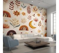 Générique Papier Peint Boho Rainbow Panoramique 310 x 250 cm, Papier Peint Intissé Fleurs Lune Étoiles Modernes Décoration Murale, Papiers Peints pour Salon Chambre saf-14
