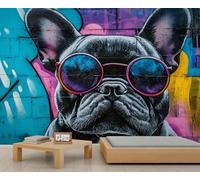 Générique Papier peint Bouledogue français, grand format, style graffiti, pour salon, motif chien hip-hop (390 x 260 cm, non autocollant)