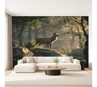 Générique Papier Peint Cerf, Motif Papier Peint Intissé Panoramique Élan Forêt Faune Sauvage 200x140 Wallpaper Pour Salon Chambre Deco Murale W&73