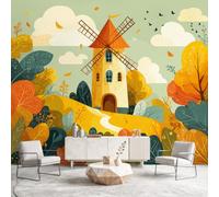 Générique Papier Peint Chaleureux, Conte de Fées, Cartoon Papier Peint Panoramique Moulin à vent, Arbre, Plantes Pour Salon Chambre Géant Salon, Pour Salon Chambre Décoration Murale