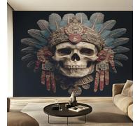 Générique Papier Peint Crâne Papier Peint Panoramique Gothique Indien Squelette Ethnique Tribal Papiers Peints Intissé Fresque Murale, Decoration Chambre Salon Wallpaper, 350 x 256 cm C&-IO