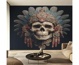 Générique Papier Peint Crâne Papier Peint Panoramique Gothique Indien Squelette Ethnique Tribal Papiers Peints Intissé Fresque Murale, Decoration Chambre Salon Wallpaper, 350 x 256 cm C&-IO