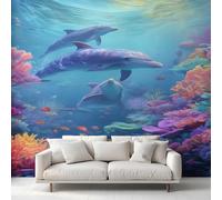 Générique Papier Peint Dauphin Papier Peint Panoramique Océan Aquarium Papiers Peints Intissé Fresque Murale, Decoration Chambre Salon, 250 x 175 cm XXO-1