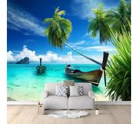 Générique Papier Peint Effet 3D Île Tropicale Plage Bateaux Palmiers Bleu Photo Peintures Murales Salon Tv Canapé Thème Hôtel De Luxe Couloir Fond Mur Peinture Décor À La Maison 400 x 280 cm