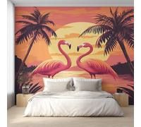 Générique Papier Peint Flamant Rose 250X175cm, Papier Peint Intissé Cocotier Coucher de Soleil Salon Chambre Panoramique Decoration, Fresque Murale Décoration Murale D24