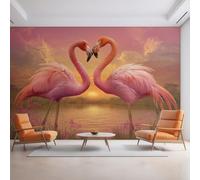 Générique Papier Peint Flamant Rose 450X260cm, Papier Peint Intissé Coucher de Soleil Fleur Tropicale Salon Chambre Panoramique Decoration, Fresque Murale Décoration Murale D28