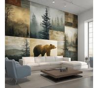 Générique Papier Peint Forêt Brumeuse, 150x105, Gris Brun | Papier Peint Panoramique Ours Rustique, Decoration Salon Chambre, Intissé Fresque Murale W65