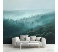 Générique Papier Peint Forêt Brumeuse, 450x315, Bleu Sarcelle | Papier Peint Panoramique Pin, Decoration Salon Chambre, Intissé Fresque Murale W66