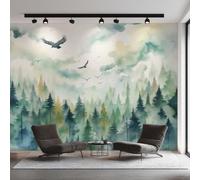 Générique Papier Peint Forêt Brumeuse, Motif Papier Peint Intissé Panoramique Aquarelle Paysage Naturel 300x210 Wallpaper Pour Salon Chambre Deco Murale W11