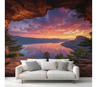 Générique Papier Peint Grotte Papier Peint Panoramique Vue de Fenêtre Lac Paysage Naturel Papiers Peints Intissé Fresque Murale, Decoration Chambre Salon Wallpaper, 350 x 256 cm 22&D