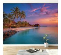 Générique Papier Peint imprimée 3D Sunset Palm Island, 350 x 256 cm Tapisserie murale Panoramique Intissé Moderne, Décoration Murale, Écologique, Pour Salon Chambre, Rose