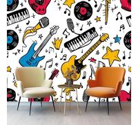 Générique Papier Peint Intissé 150 x 105 cm - Graffiti Musique Instruments Panoramique Fresque Murale, Blanc Mural Papier Peint pour Salon Chambre D'enfants Fond Tv Décoration Poster