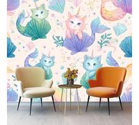 Générique Papier Peint Intissé 400 x 280 cm - Dessin Animé Sirène Chat Panoramique Fresque Murale, Rose Mural Papier Peint pour Salon Chambre D'enfants Fond Tv Décoration Poster