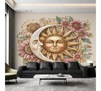 Générique Papier Peint Intissé Astrologie Céleste, Papier Peint Panoramique Botanique Lune et Soleil pour Salon Chambre Bureau Couloir, Décoration Murale, 396 x 280 cm (L x H) Y&W97
