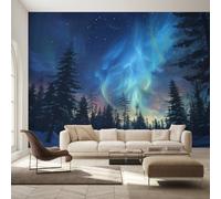 Générique Papier Peint Intissé Aurores Boréales, Papier Peint Panoramique Paysage Forêt Aurore Boréale pour Salon Chambre Bureau Couloir, Décoration Murale, 450 x 315 cm (L x H) Y&W28