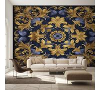 Générique Papier Peint Intissé Baroque, Papier Peint Panoramique Damas Bleu Or pour Salon Chambre, Déco Murale Maison, Décoration Photo Murale 150x105 cm K-MZ&25