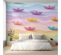 Générique Papier Peint Intissé Bateau en Origami, Papier Peint Panoramique Bateau en Papier Enfants 450x260 cm, Papiers Peints Multicolore Décoration Murale Salon Chambre w6g29