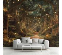 Générique Papier Peint Intissé Bibliothèque Forêt, Papier Peint Panoramique Bibliothèque Arbre Magique 350x250 cm, Papiers Peints Brun Vert Foncé Décoration Murale Salon Chambre w6g36