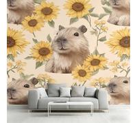 Générique Papier Peint Intissé Capybara Mignon, Papier Peint Panoramique Tournesol Enfant Animaux Cartoon 366x254 cm, Papiers Peints Brun Jaune Décoration Murale Salon Chambre w6g34
