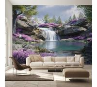 Générique Papier Peint Intissé Cascade, Papier Peint Panoramique Paysage Naturel Fleurs Violet 250x175 cm, Papiers Peints Violet Vert Gris Décoration Murale Salon Chambre w6g38