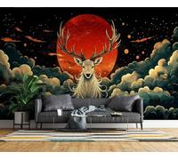 Générique Papier Peint Intissé Cerf Soleil 3D Panoramique Poster Photo Mural Vintage Tradition Orientale Format XXL Murale pour Salon Restaurant Couloir TV mur Décoration Murale 500x280 cm R-111