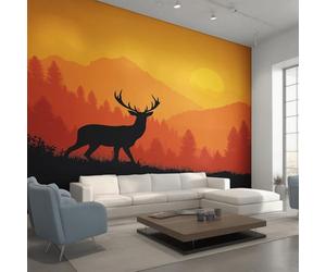 Générique Papier Peint Intissé Cerf Solitaire, Papier Peint Panoramique Faune Sauvage Coucher du Soleil Cerf 350x250 cm, Papiers Peints Noir Orange Décoration Murale Salon Chambre w6g26