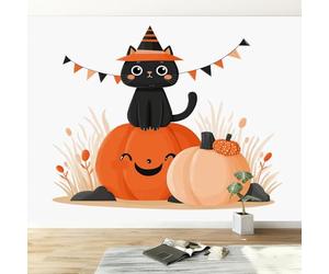 Générique Papier Peint Intissé Chat Noir De Dessin Animé Citrouille 350 x 256 cm Papier Peint Photo Panoramique, Halloween Poster Murale 3D pour Salon Cuisines Chambre Adulte Enfant Décor Murale