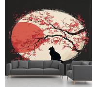 Générique Papier Peint Intissé Chat, Papier Peint Panoramique Chaton Fleurs De Cerisier Style Chinois, Fresque Murale - Décoration Murale Pour Salon, Chambre, Bureau - 400 x 280 cm(non adhésif)