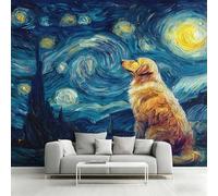Générique Papier Peint Intissé Chien Nuit Étoilée, Papier Peint Panoramique Animaux Golden Retriever 500x350 cm, Papiers Peints Bleu Marron Décoration Murale Salon Chambre w6g18