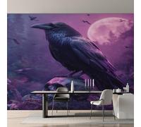 Générique Papier Peint Intissé Corbeau Gothique, Papier Peint Panoramique Crâne Lune Violette pour Salon Chambre Bureau Couloir, Décoration Murale, 396 x 280 cm (L x H) Y&W10