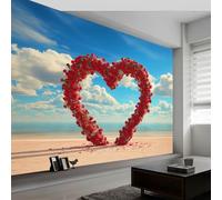 Générique Papier Peint Intissé Côtier 400L x 280H cm, Papier Peint Panoramique Océan Plage Romantique Roses Cœur - Grandes Poster Mural Photo pour Salon Chambre Restaurant DéCor Fond Tv