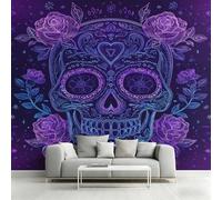 Générique Papier Peint Intissé Crâne de Sucre Néon, Papier Peint Panoramique Jour Des Morts Gothique 250x175 cm, Papiers Peints Violet Décoration Murale Salon Chambre w6g36