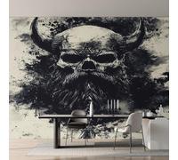 Générique Papier Peint Intissé Crâne Viking Noir et Blanc, Papier Peint Panoramique Mythologie Nordique pour Salon Chambre Bureau Couloir, Décoration Murale, 350 x 256 cm (L x H) Y&W34