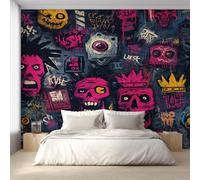Générique Papier Peint Intissé Culture de Rue, Papier Peint Panoramique Graffiti Street Art Tête de Mort 450x260 cm, Papiers Peints Gris Foncé Rose Vif Décoration Murale Salon Chambre w6g23