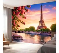 Générique Papier Peint Intissé de Ville Au Crépuscule Tour Eiffel Fleurs, Jaune Papier Mural Decoratif Pour Salon Chambre Décoration Murale - Utilisé Pour Salon D'Enfant 350 x 256 cm（WxH