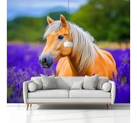 Générique Papier Peint Intissé effet 3D Nature Animaux Chevaux Fleurs, Papier Peint Panoramique Violet - RevêTement Mural DéCoration Salon Chambre Fond de TV 150 x 105 cm (L x H)