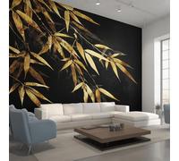 Générique Papier Peint Intissé Feuilles de Bambou Noir et Or, Papier Peint Panoramique Motif Plante Chinoise Moderne 450x260 cm, Papiers Peints Noir Or Décoration Murale Salon Chambre w6g7