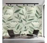 Générique Papier Peint Intissé Feuilles Verte, Papier Peint Panoramique Plante Fleur Blanc Feuille 400x280 cm, Papiers Peints Vert Blanc Décoration Murale Salon Chambre w6g5