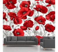 Générique Papier Peint Intissé Fleur Rouge, Fresque Murale Floral Pavot Plante Vintage, Papier Peint Panoramique - Pour Salon, Chambre, Bureau - 350 x 245 cm - Décoration Murale(non adhésif)