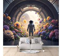 Générique Papier Peint Intissé fleurs d'astronautes, 3D Panoramique Murale Espace coloré 300x210cm Décoration murale rapide DIY fresque murale créative tête de lit chambre salon facile à appliquer