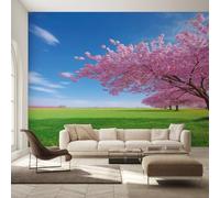 Générique Papier Peint Intissé Fleurs de Cerisier, Papier Peint Panoramique Paysage Naturel Ciel Bleu 300x210 cm, Papiers Peints Bleu Rose Vert Décoration Murale Salon Chambre w6g38