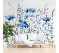 Générique Papier Peint Intissé Fleurs D'Hibiscus et De Lavande 365x254cm(L x H) Papier Peint Panoramique Tableaux Muraux Tapisserie Photo Décoration Murale Salon Chambre - Fleurs Aquarelle Bleu